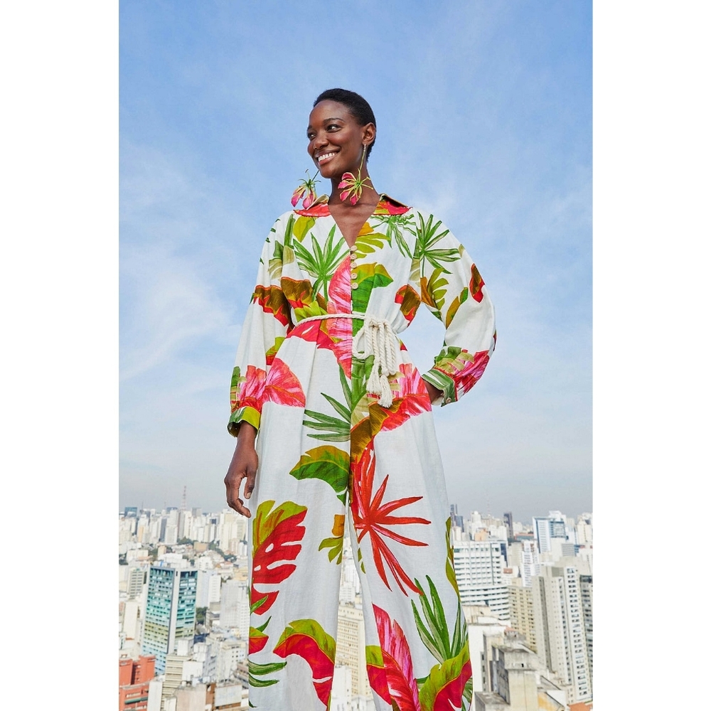 Farm Rio Anthropologie Spring Forest Linen Oversized Palm Tree Jumpsuit